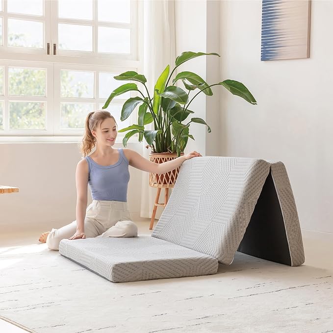 MLILY Tri-Fold Memory Foam Mattress, 4 inch Twin XL Folding Mattress with Collapsible and Washable Cover, Travel and Guest Mat, 80"×38"×4", Grey