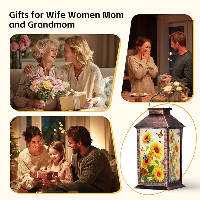 Homemory Hanging Solar Lanterns Outdoor Waterproof, Solar Sunflower Lights with LED Flickering Flameless Candles, Gifts for Women Mom, Outside Lantern Decoration Garden Yard Patio Lawn Porches Park
