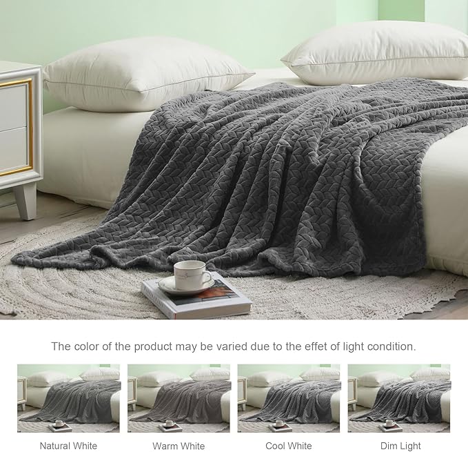 Exclusivo Mezcla Dark Grey Fleece Throw Blanket for Couch and Bed, 50x70 Inches Soft Cozy 3D Decorative Jacquard Flannel Blankets, Lightweight Fuzzy Plush Warm Throws for All Seasons