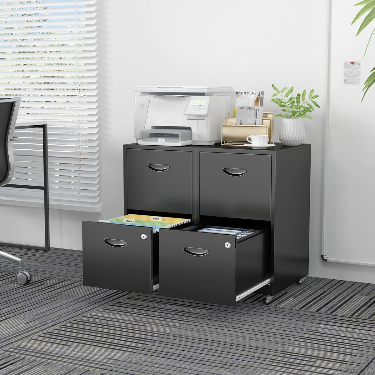2 Drawer File Cabinet with Lock，Black Rolling File Cabinet for Home Office, Metal Small Mobile Filing Cabinets on Wheels for Hanging Letter