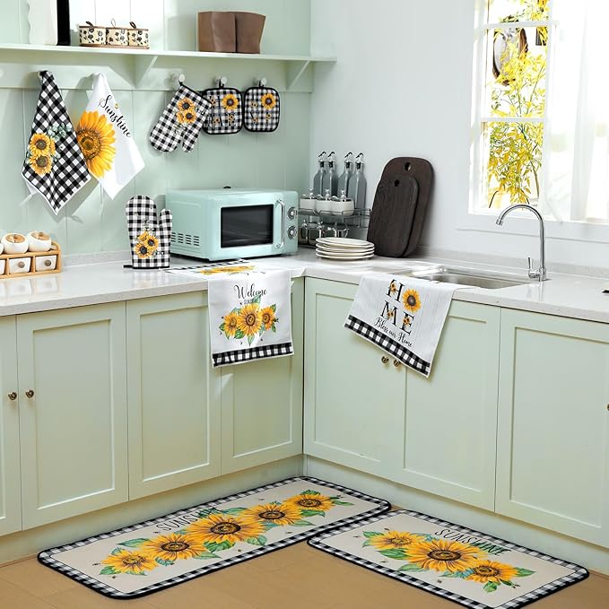 10 Pcs Sunflower Kitchen Decor 4 Black and White Buffalo Plaid Dish Towels 2 Buffalo Check Pot Holders 2 Rustic Sunflower Oven Mitts 2 Yellow Rugs for Cooking Baking Mom Housewarming Gift