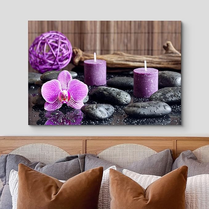 wall26 Canvas Print Wall Art Zen Stones with Purple Orchid and Calming Candles Nature Floral Photography Realism Rustic Colorful Multicolor Ultra for Living Room, Bedroom, Office - 12"x18"