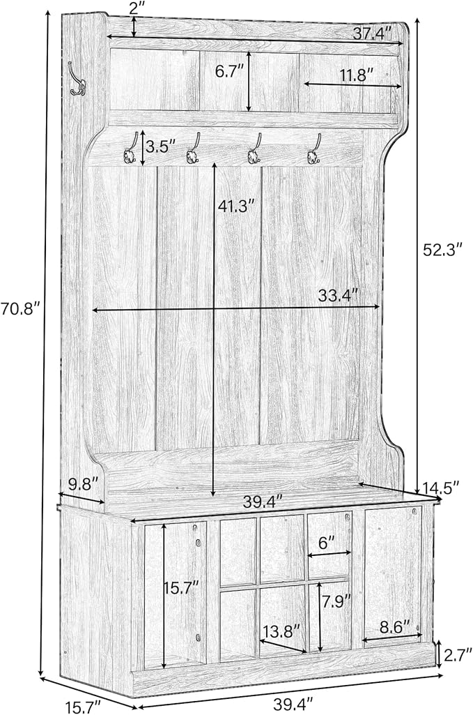 Retro 3-in-1 39.4INCH Hall Tree with 6 Hooks and Coat Hanger,Storage Bench and Open Shelves,for Livingroom Hallway Entryway Mudroom Use (White@Hooks/)