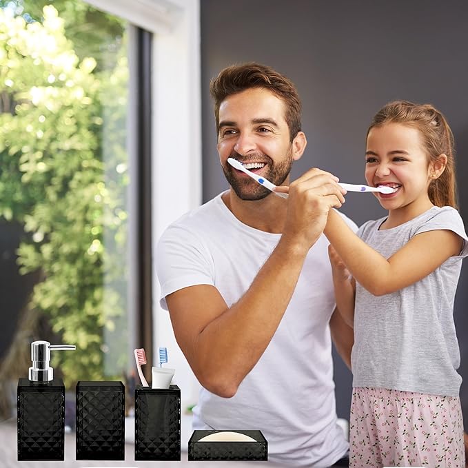Bathroom Accessory Set, 4 PCS Black Bathroom Accessories Set, Soap Dispenser and Toothbrush Holder Set, Soap Dish and Mouthwash Cup, Boho Bathroom Decor, Bathroom Sets Accessories