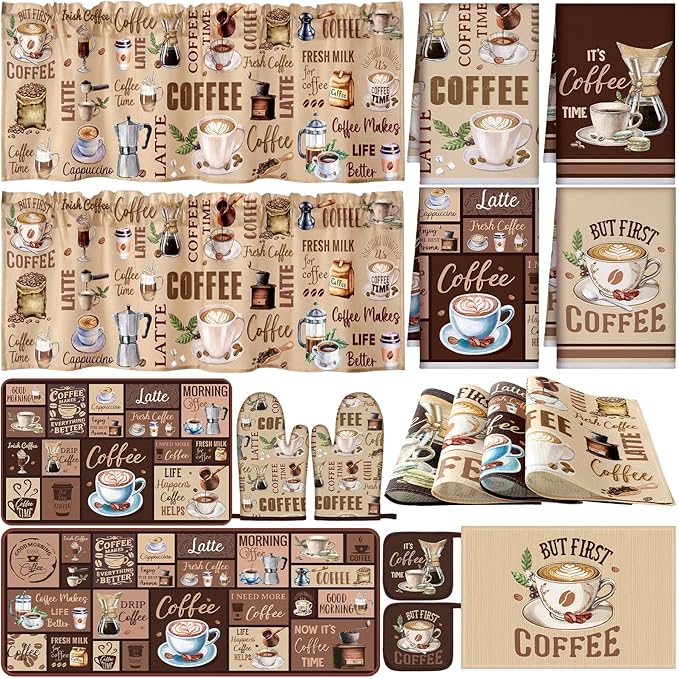 Fourluoo 16 Pcs Coffee Kitchen Decor and Accessories Set Coffee Brown Kitchen Towel and Dishcloth Non Slip Rug Mat for Floor Farmhouse Oven Mitt and Pot Holder Curtain Set for Home Decoration Gift