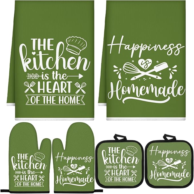 Sratte 6 Pcs Kitchen Decor Accessories Set Farmhouse Towels Pot Holders Oven Mitts Set 2 Dish Towels 2 Potholders 2 Cooking Mittens Oven Glove for Christmas Baking Cooking(Avocado Green,Kitchen)