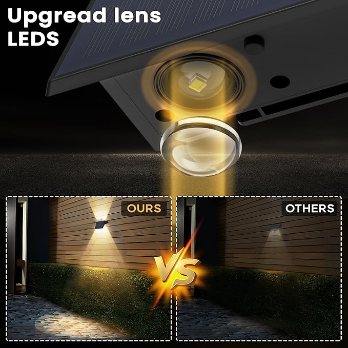 Fence Lights Solar Powered, 4-Pack Solar Fence Lights Up/Down Flexible Buttons, IP67 Waterproof for Outdoor, 100LM Bright, Auto Dusk to Dawn for Wall/Stairs/Yard/Railing/Deck/Pathway (White & RGB)