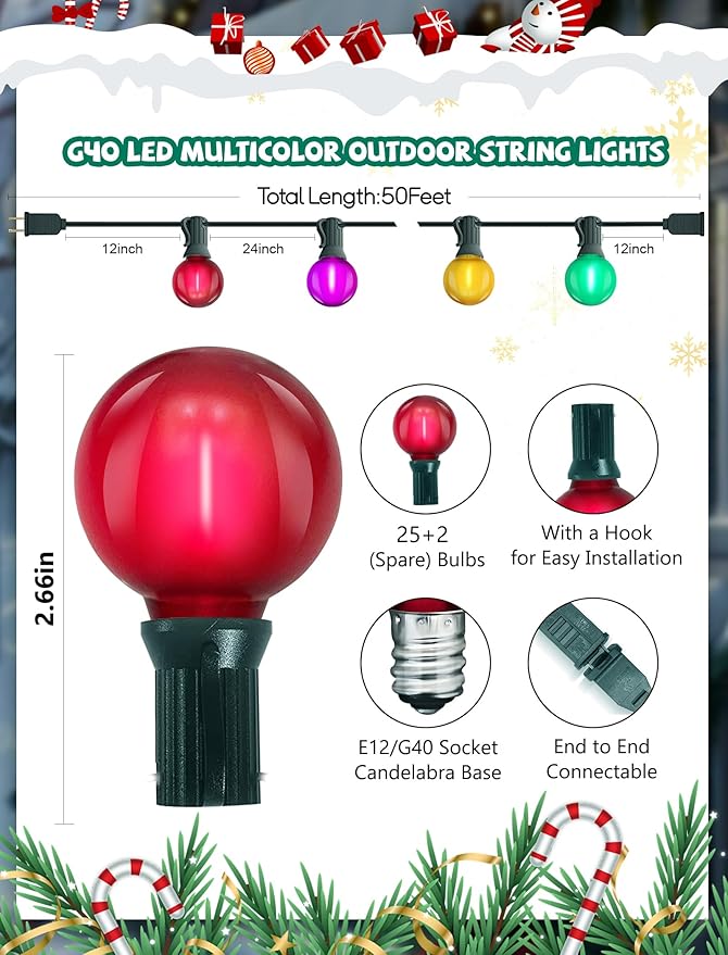 50Ft G40 LED Multicolor Christmas Lights Outdoor, Shatterproof Frosted Globe String Lights with 27 Ceramic Bulbs(2 Spare), Waterproof Hanging Patio Lights for Bistro Porch Party Holiday Decorations