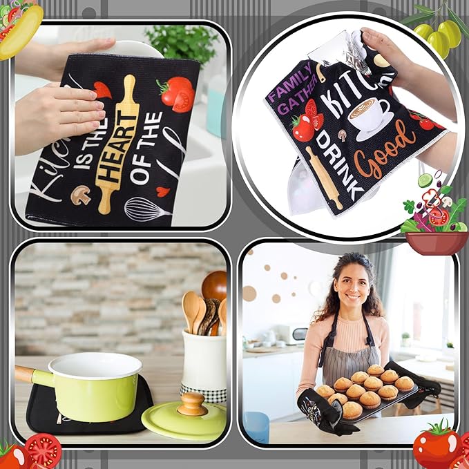 Fourluoo 10 Pcs Farmhouse Kitchen Decor and Accessories Set 4 Kitchen Towels 2 Pot Holders 2 Oven Mitts 2 Rugs for Cooking Baking Mom Housewarming Gifts(Bright Color, Novel Style)