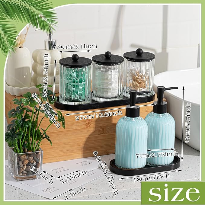 Yaomiao 5 Pack Bathroom Accessories Set, Modern Bathroom Decor Sets, Glass Liquid Soap Dispenser, Vanity Tray, Toothbrush Holder, Cotton Swab Jars with Lids for Sink Countertop(Clear,Striped)
