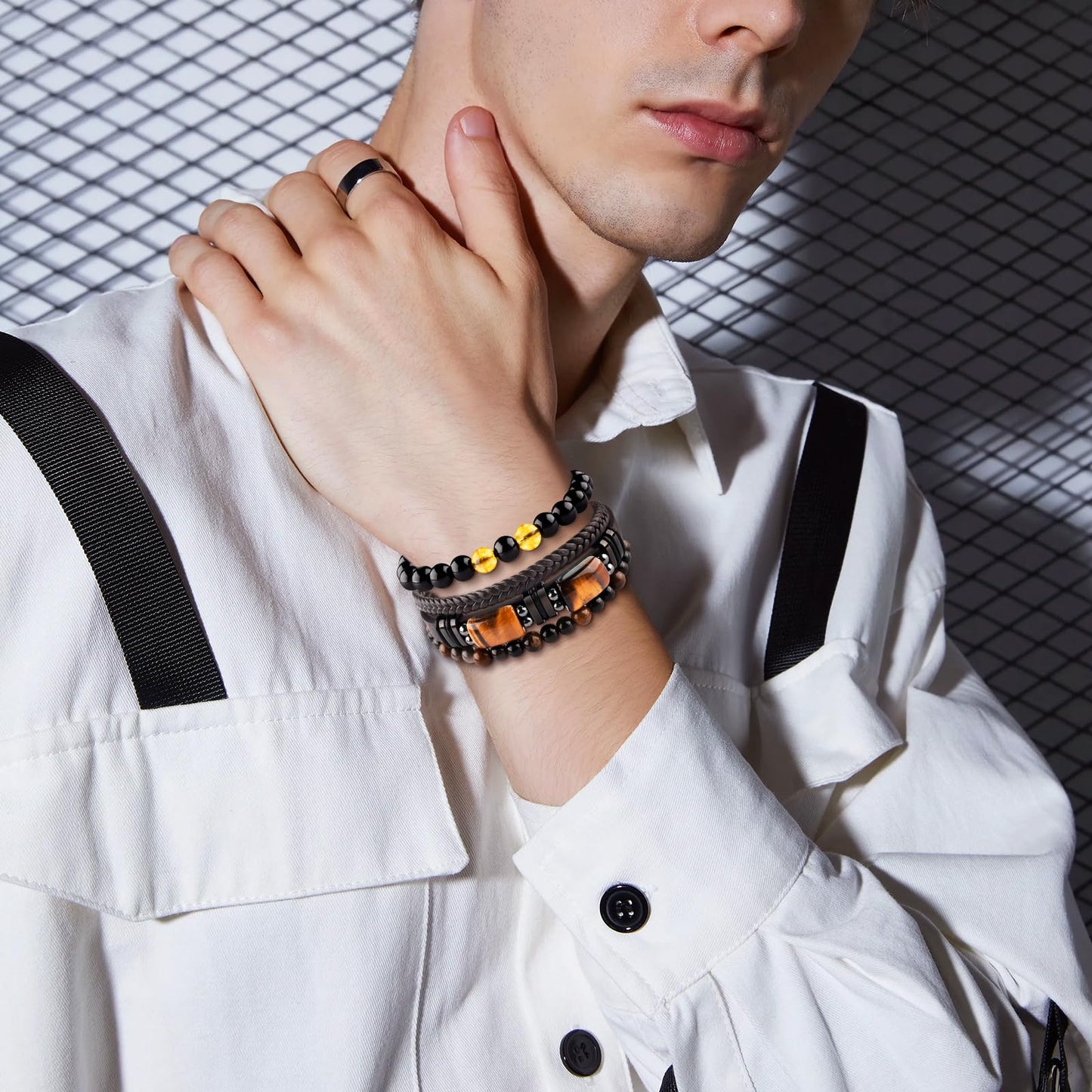 Leather Bracelets for Men Natural Tiger Eye Black Obsidian Healing Crystal Beaded Bracelets Set Birthday Christmas Commemorative Gifts for Dad Son Grandson Man Boyfriend Brother (Brown-To My Warriors)