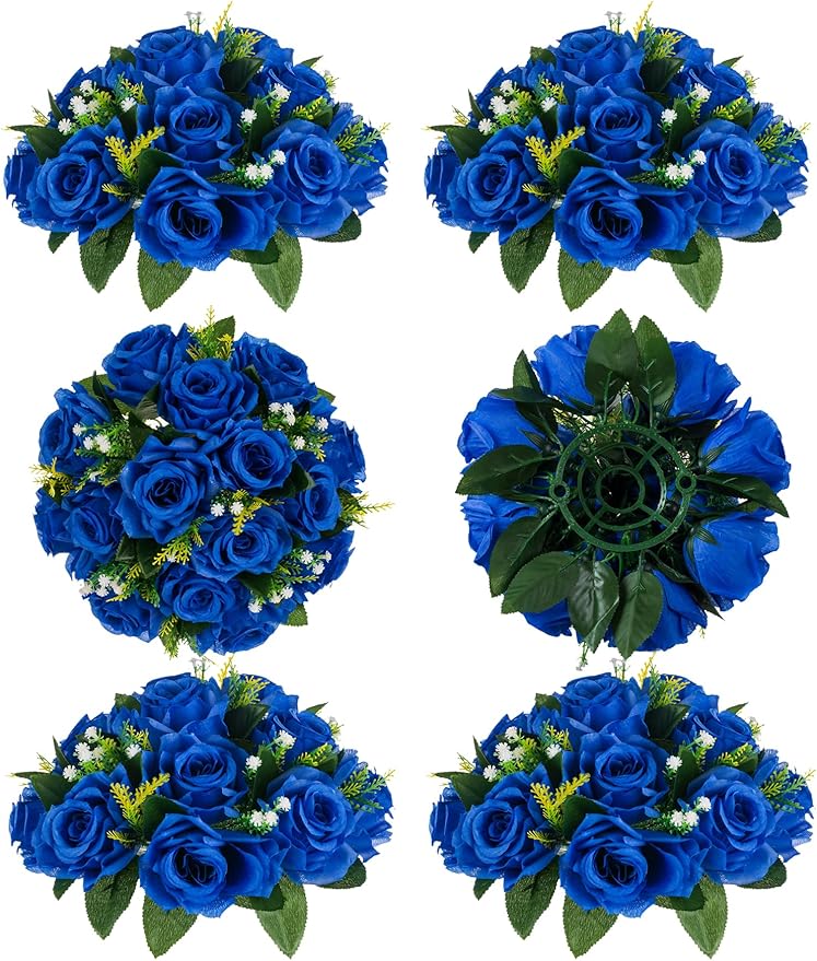 BLOSMON Royal Blue Artificial Flowers: 6 Pcs Fake Roses Flower Ball Centerpieces for Wedding Dinning Table - Faux Silk Kissing Bouquet with Base Floral Arrangement for Home Party Event Decor
