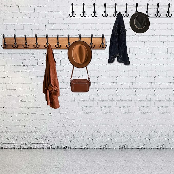 WEBI Coat Rack Wall Mount,Coat Hooks Wall Mounted,16" Hole to Hole,Coat Hanger Wall,Wood Hook Rack Rail,5 Triple Hooks for Hanging Coats,Jacket,Clothes,Black/White