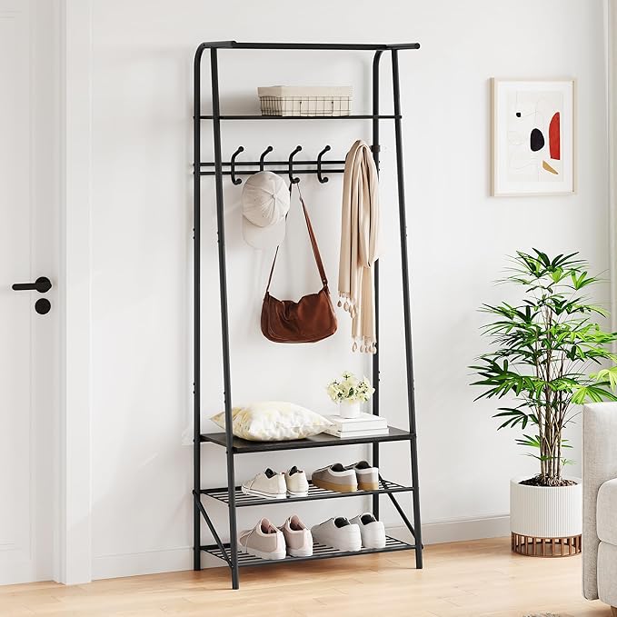 Hall Tree Coat Rack with Shoe Storage Bench & 5 Hooks – Entryway Organizer, Metal Frame, Wood Accent – Versatile Furniture for Hallway, Bedroom, Living Room – Single Row Hook, 60cm Wide,