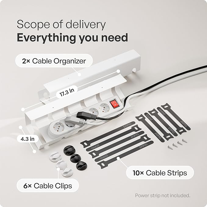 PAMO Cable Management Under Desk for Easy mounting Under-Table I Set of 2 - with 10X Cable Ties I Desk Organizer for Office/Home Office Table Thoughtful Cable Tray Holder
