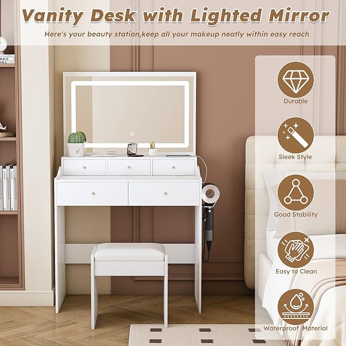 Vanity Desk with Large Mirror and Stool, Makeup Table with LED Lighted - 3 Color Models, Makeup Desk with 5 Drawers & Power Outlet, Dressing Makeup Table for Women Girls Bedroom, White