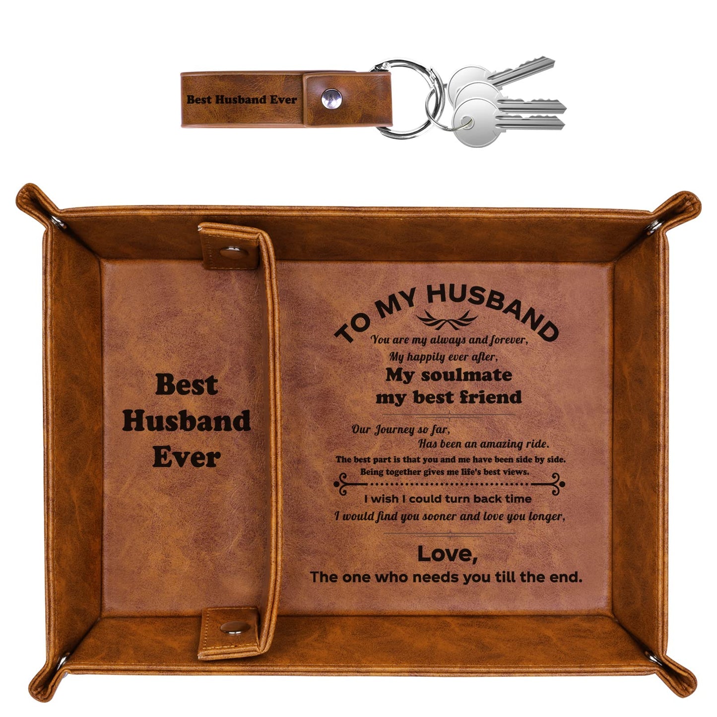 ZAPUVO Best Husband Ever PU Leather Tray and Keychain, Men Anniversary Birthday Gifts Ideas for Husband Him Boyfriend Who Has Everything from Wife, Christmas Xmas Gifts Stocking Stuffers for Men Him