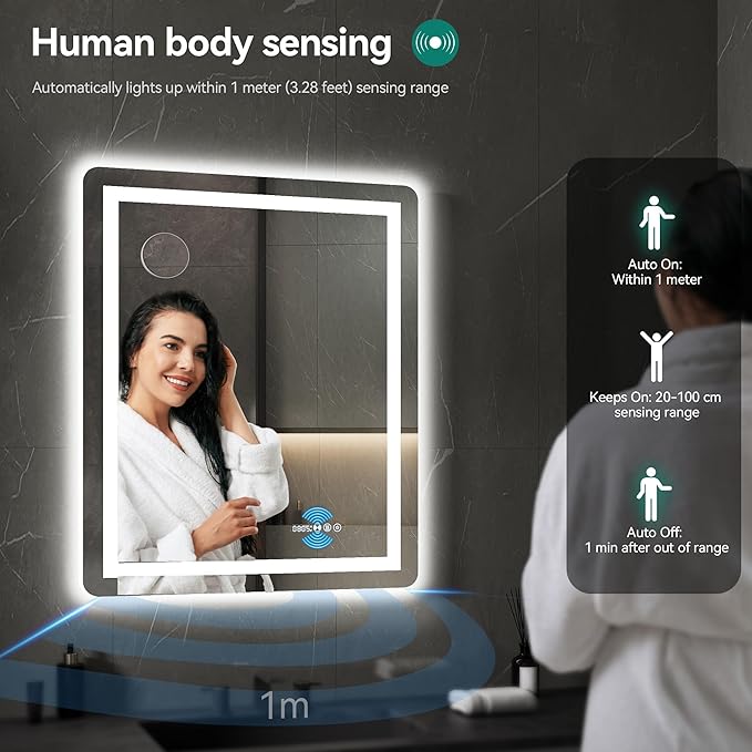 YITAHOME 24 x 32 Inches LED Bathroom Mirror, Front Light and Backlit, Motion Sensor, 10X Magnifying Glass, 3 Colors Dimmable, 5mm Tempered Glass, Anti-Fog, Wall Mounted Mirror-Vertically Only