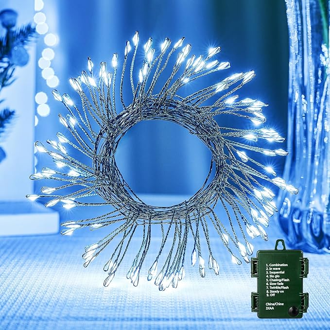 Fairy Lights Battery Operated, 10 FT 120LED Twinkle Firecracker String Lights with 8 Modes & Timer, Waterproof Cluster for DIY Outdoor Wreath Wedding Christmas Decoration, Pure White