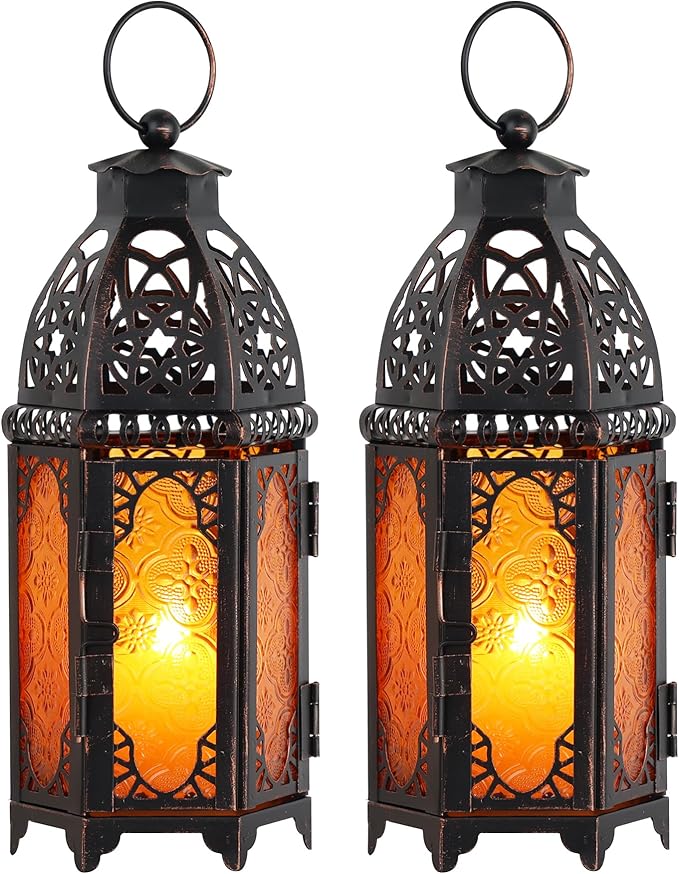 DECORKEY Set of 2 Moroccan Lanterns Decorative Indoor & Outdoor, 11’’ Medium Size Vintage Metal Hanging&Tabletop Candle Holder Decor, Halloween Christmas Ramadan Decorations for Home (Amber)