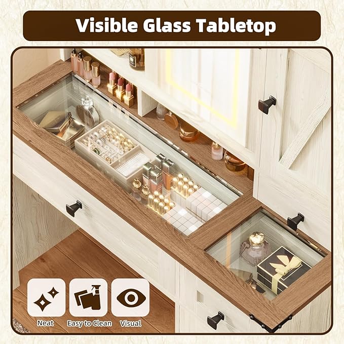 EROMMY 42" Farmhouse Makeup Vanity Desk with Lighted Mirror & Power Strips, Vanity Table with Sliding Barn Door, Open & Hidden Shelves, Drawers, Jewelry Cabinet, White Dressing Table, Light Adjustable