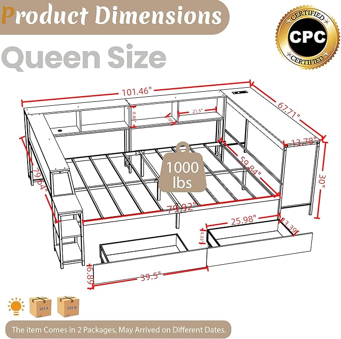 Queen Corner Bed Frame with Desk, LED Lights & Charging Ports, L-Shaped Daybed with Storage Drawers, Bookcase & Open Shelves, Modern Full Size Daybed for Kids, Teens & Compact Bedrooms,White