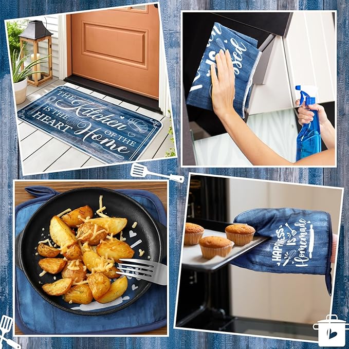 Fourluoo 10 Pcs Farmhouse Kitchen Decor and Accessories Set 4 Kitchen Towels 2 Pot Holders 2 Oven Mitts 2 Rugs for Cooking Baking Mom Housewarming Gifts(Blue,Classic Style)