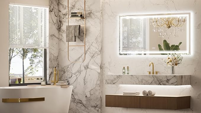 Keonjinn LED Bathroom Mirror 60" x 30" with Frontlit and Backlit, Tempered Glass Stepless 3 Colors Temperature & Dimmable Large Vanity Mirror, UL Listed LED Driver, Double Lights, Anti-Fog Wall Mirror