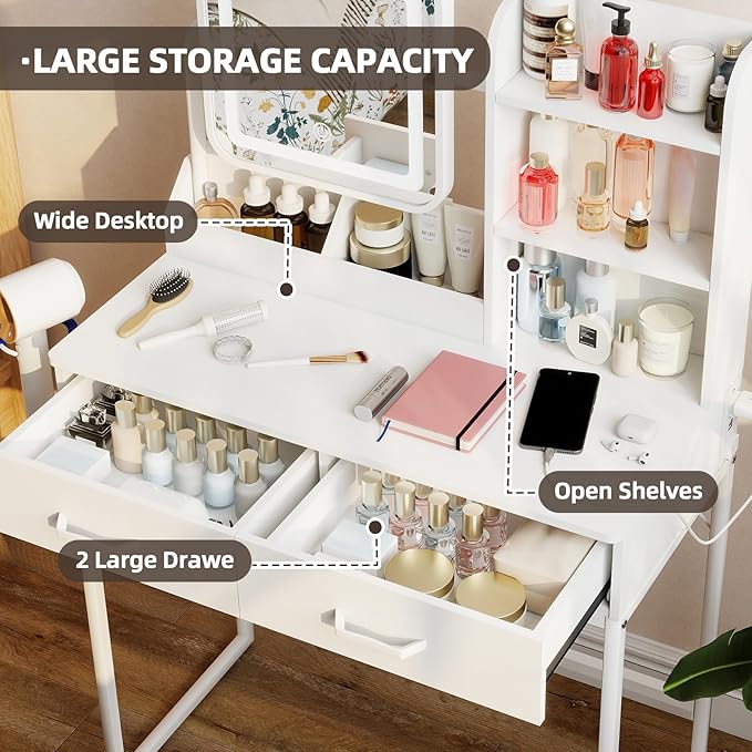 Compact Makeup Vanity for Girls with Mirror and Lights, White Vanities Desk with 2 Drawers and Charging Station, Modern LED Lighted Bedroom Dressing Table