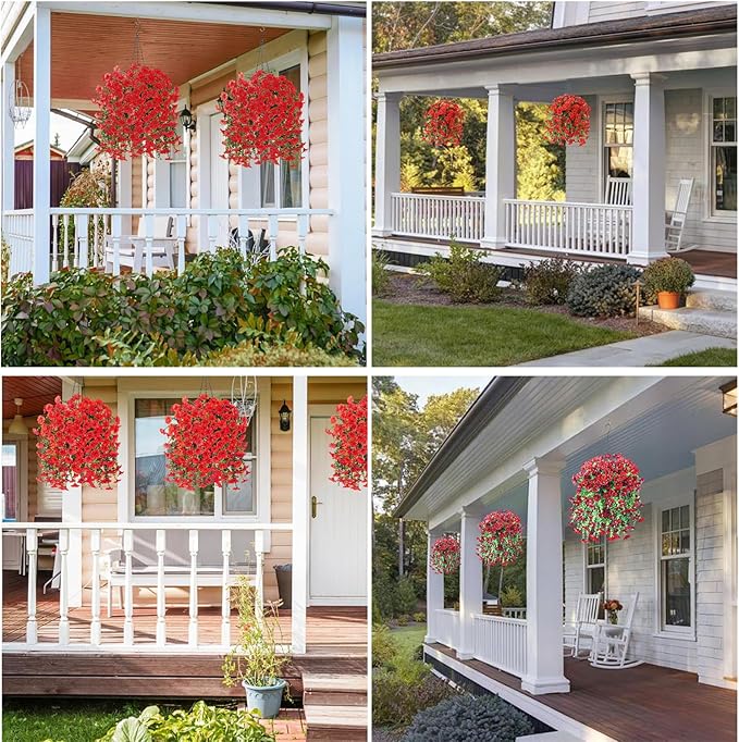 6-Pack Outdoor Faux Plants, 69-Flowered Large Morning Glory, Uv-Resistant Artificial Morning Glory,Perfect for Outdoor Decoration in All Seasons Such as Porches and Gardens (Red)