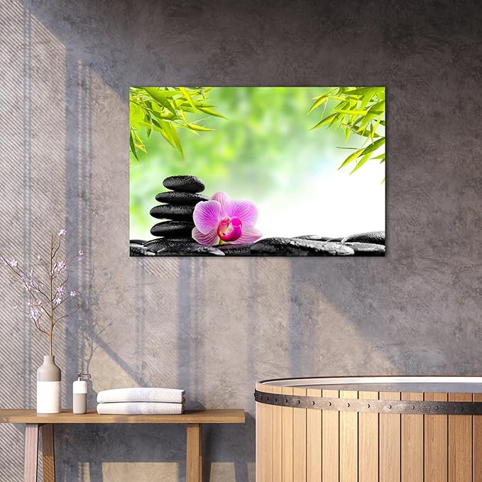 GUTTATY Zen Wall Art Decor, Modern Bathroom Zen Decor Wall Art, Canvas Wall Art for SPA Zen Room Decor, Green Bamboo Leaves and Pebble Relaxing Zen Art Prints for Office & SPA Wall Decor 18x24 Inches