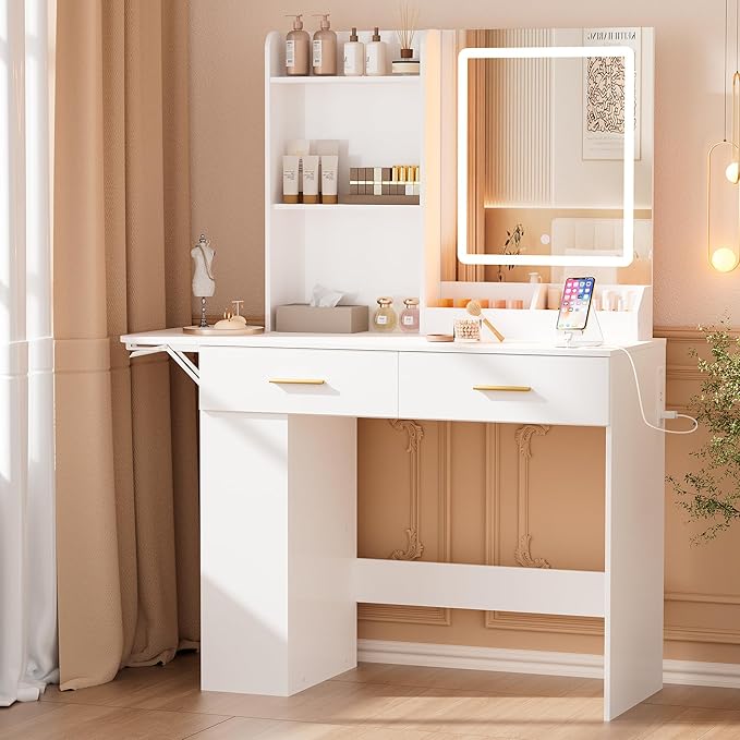 Vanity Desk with Mirror and Lights, 43.31" 4-Drawers Makeup Table Without Stool, Extra Foldable Desk with 3 Open Shelves Dressing Table for Girls and Ladies Bedroom, White and Gold