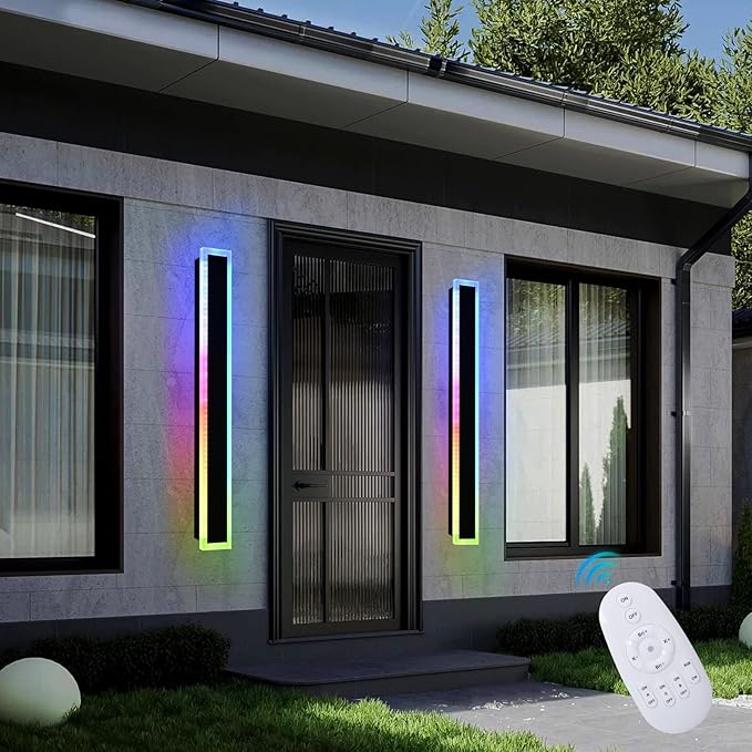 Modern RGB Long Outdoor Wall Lights for House,2 Pack RGB LED Wall Light Fixture,40 inch Led Liner Wall Sconce Lights,Dimmable Exterior lighting Fixtures for Porch,Garage,Patio with Romote Control