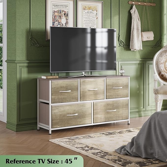 WLIVE Dresser for Bedroom with 5 Drawers, Wide Chest of Drawers, Fabric Dresser, Storage Organizer Unit with Fabric Bins for Closet, Living Room, Hallway, Greige Oak