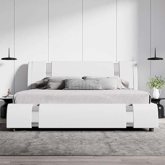 SHA CERLIN King Size Bed Frame with Iron Pieces Decor and Adjustable Headboard/Deluxe Upholstered Modern Platform Bed with Solid Wooden Slats Support/No Box Spring Needed, White