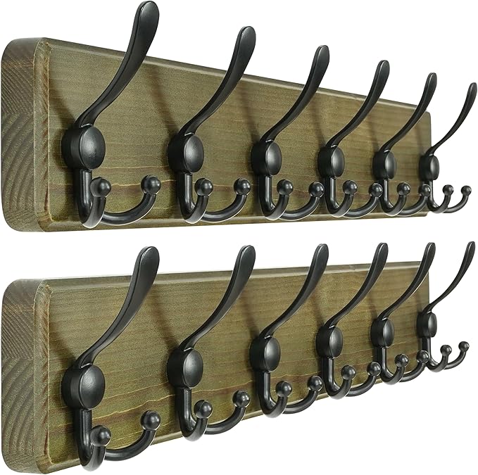 Dseap Coat Rack Wall Mounted - 24" Long 6 Tri Hooks, Heavy Duty Wooden Wall Coat Hanger Coat Hook for Clothes Hat Jacket Clothing, Weathered Green and Black, Pack of 2