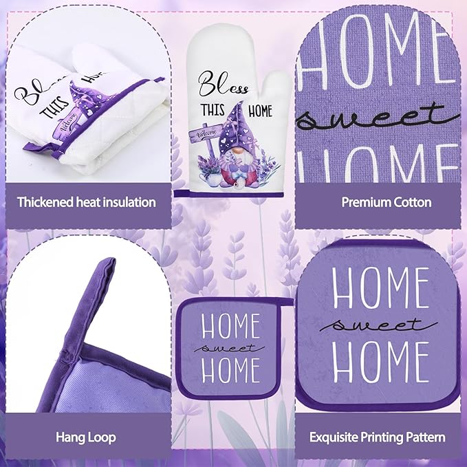 16 Pcs Lavender Kitchen Decor Set 4 Purple Kitchen Towels 4 Lavender Placemats 2 Non Slip Rugs and Mats for Floor 2 Spring Oven Mitts Gloves 2 Pot Holders 2 Floral Curtains for Home Decoration Gift