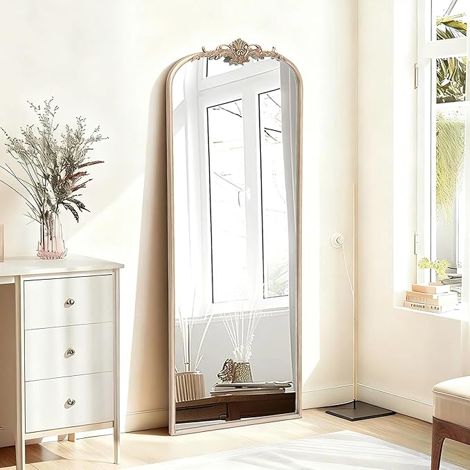 Besdomus Arched Mirror Full Length: 21"x56" Champagne Gold Vintage Full Body Mirror - Floor Antique Baroque Traditional Ornate for Entryway/Cloakroom/Bedroom - Home Decor for Fashion-Conscious