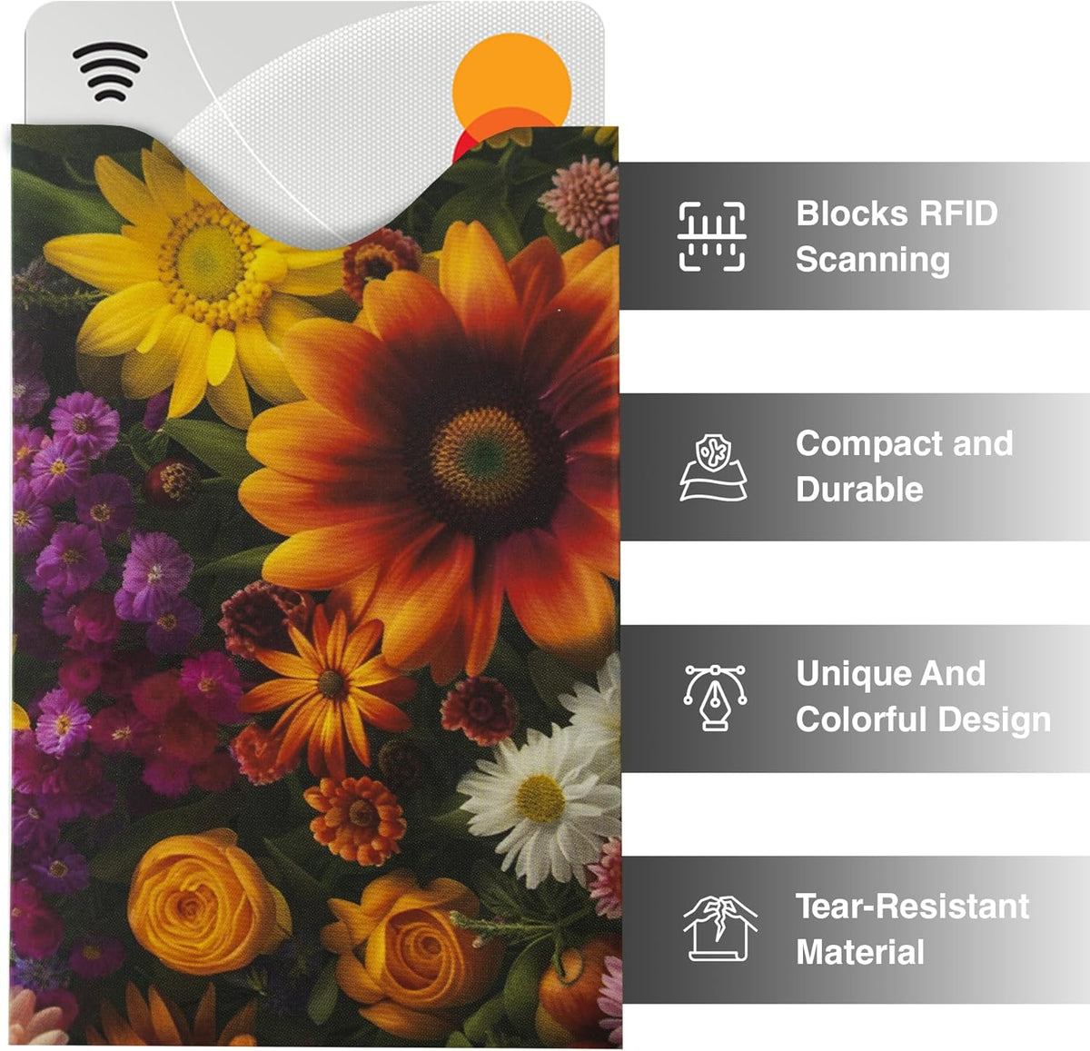 Boxiki Travel Set of 15 RFID Blocking Sleeves Best way to Protect your Cards from Electronic Theft. Durable, Lightweight, and Compact Design to fit in any Pocket or Purse. (Flowers Theme)