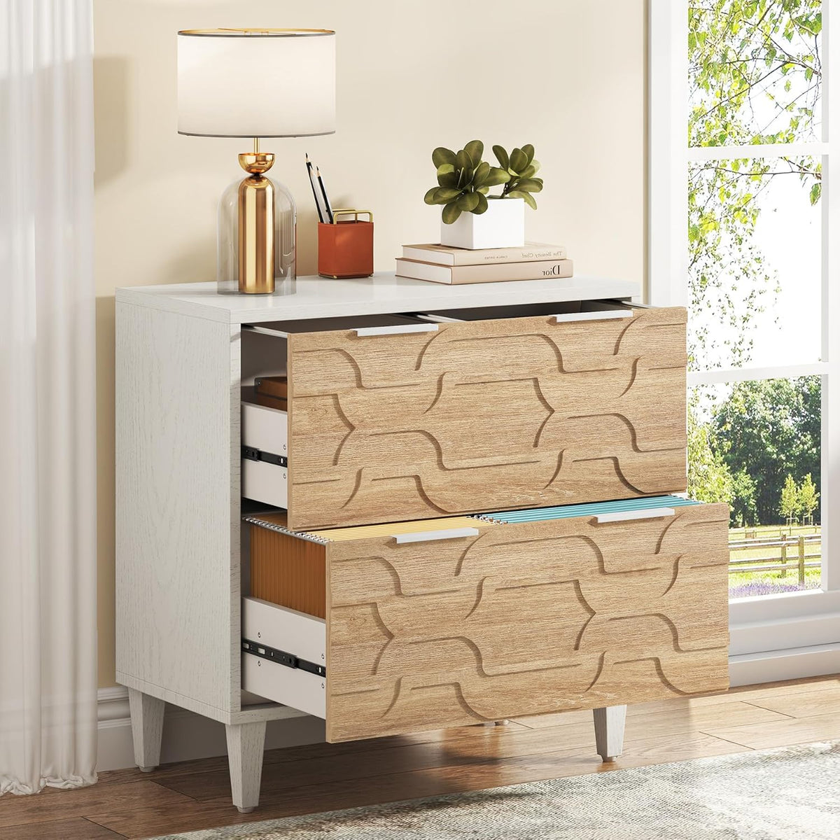 LITTLE TREE 2-Drawer File Cabinet, Lateral Filing Cabinet for A4/Letter/Legal Size, Office Storage Cabinet, Printer Stand with Storage Drawer for Home Office, Wood & White