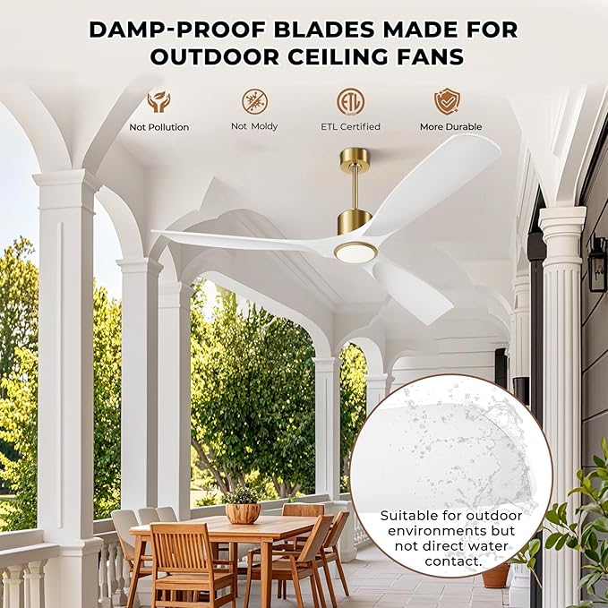 60 Inch Modern White and Gold Ceiling Fan with Lights, 3 Blade, Energy Efficient DC Motor, Smart App & Remote Control, 7230 CFM, 6 Speeds, 3 Light Colors, Indoor/Outdoor