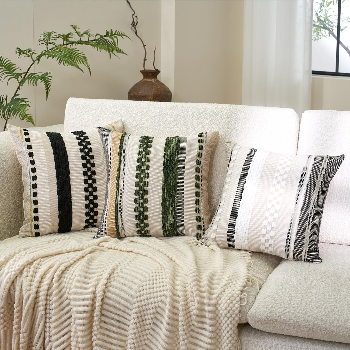 Aeckself Boho Throw Pillow Covers 18x18 Inch Set of 2, Farmhouse Decorative Striped Square Pillow Covers Chenille Tufted Pillow Cases Accent Neutral Pillowcase for Living Room Couch Bed, Dark Green