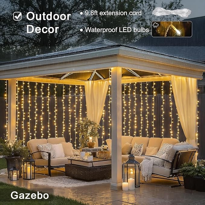 JMEXSUSS 600 LED Curtain Lights Outdoor, 9.5ft x 19.6ft Window Hanging Lights with Remote, Plug in, 8 Modes, Indoor String Lights for Bedroom, Wall, Xmas, Party, Backdrop, Wedding Decor, Warm White