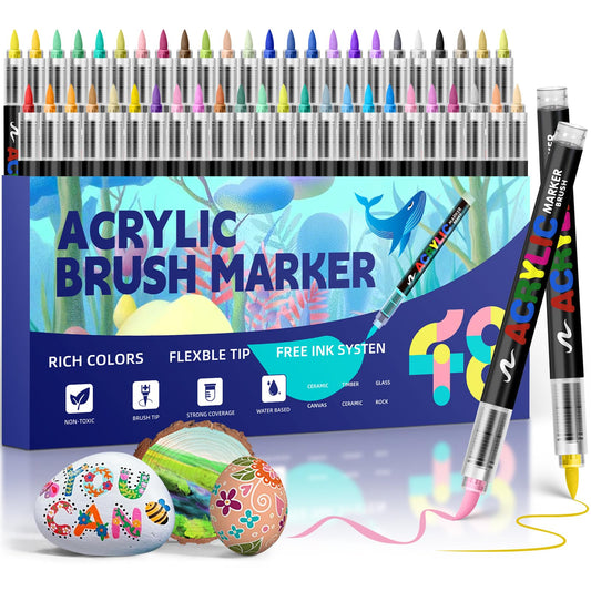 GOTIDEAL Acrylic Paint Markers Brush Tip,Waterproof Paint Pens acrylic Markers,No Bleed Acrylic Brush markers for Fabric,Wood,Rocks,Canvas Painting,Glass,Ceramic,Art Craft Supplies(48 Colors)