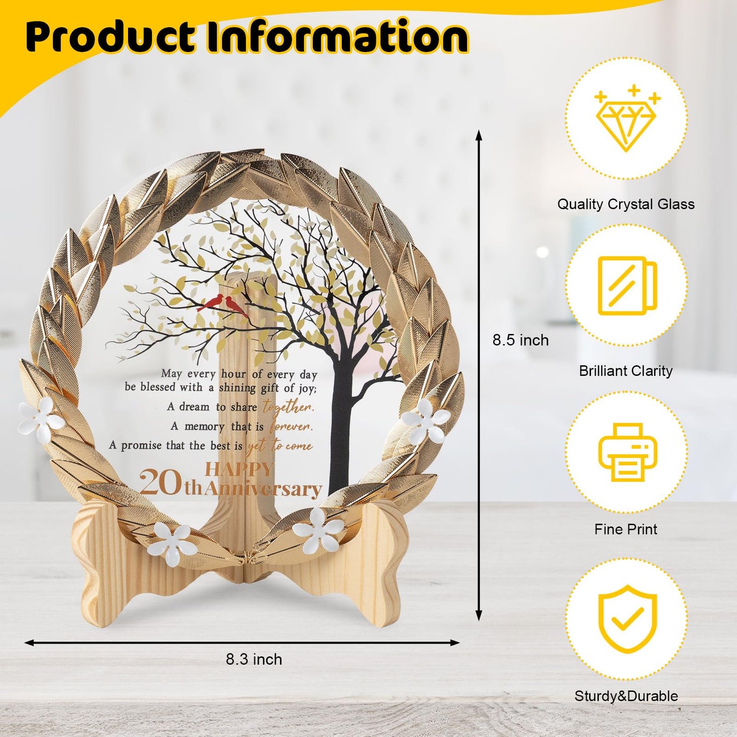20th Anniversary Wedding Gifts Crystal Plate with Gold Leaf Wreath - 20 Years Anniversary Wedding Unique Gifts Ideas for Parents Couple - Cardinal Style