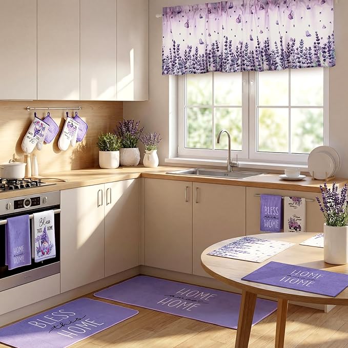 16 Pcs Lavender Kitchen Decor Set 4 Purple Kitchen Towels 4 Lavender Placemats 2 Non Slip Rugs and Mats for Floor 2 Spring Oven Mitts Gloves 2 Pot Holders 2 Floral Curtains for Home Decoration Gift