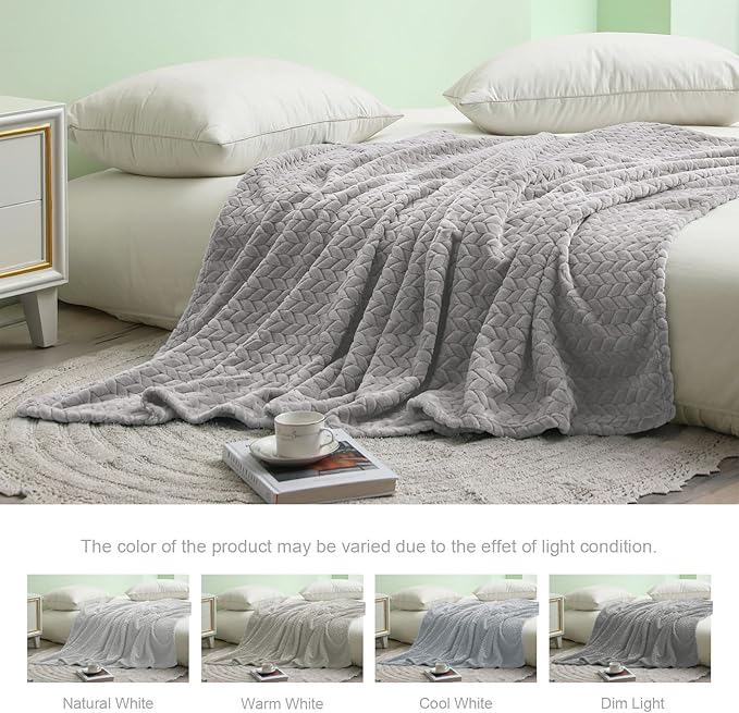 Exclusivo Mezcla Fleece Throw Blanket for Couch, 50x70 Inches Soft Cozy Jacquard Flannel Blankets, Lightweight Fuzzy Plush Warm Throws for Winter, Light Grey