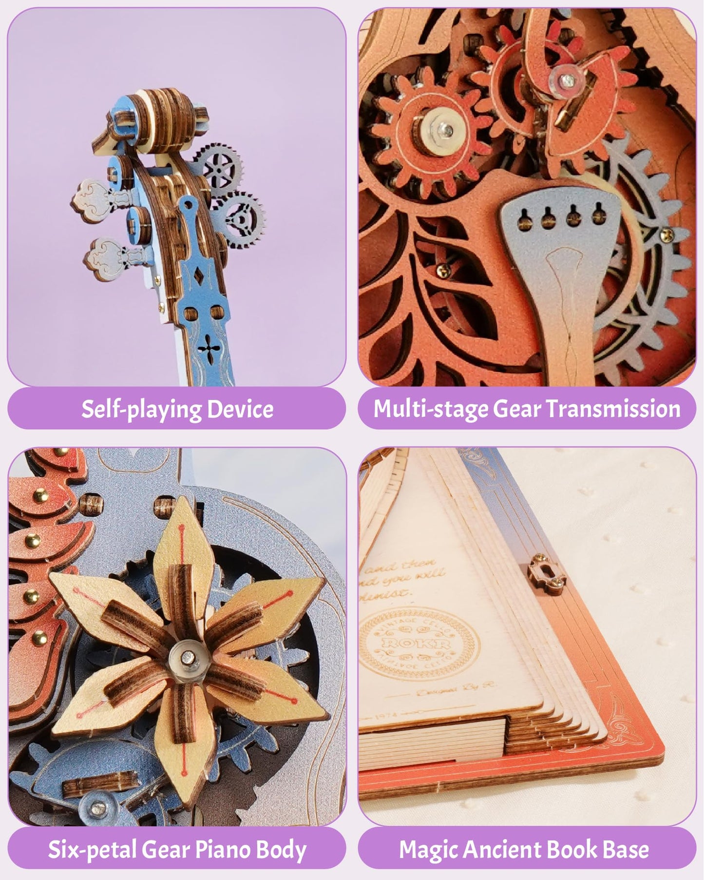 ROKR 3D Puzzles for Adults, Wooden Music Boxes-Cello, Model Kits for Adults, DIY Building Sets, Birthday Gifts Hobbies for Women Men