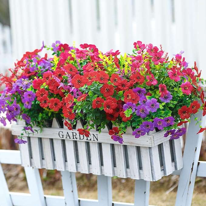 SHareconn 24 Bundles Artificial Flowers for Outdoors Decoration, Faux Plants Fake Silk Colorful Daisy Eucalyptus Lavender, UV Resistant for Outside Planters Home Porch Patio Indoor Spring,Mix 3 Colors