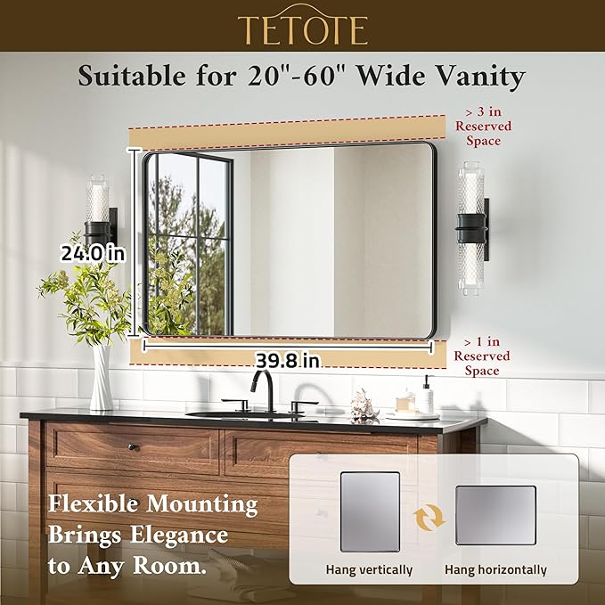 TETOTE Black Mirror 40 x 24 Inch Matte Black Bathroom Mirrors, Tempered Glass, Modern Farmhouse Wall Mounted Mirror for Decorative(Horizontal/Vertical)
